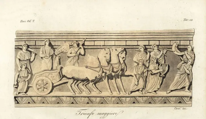 Framed Print : Warrior riding a quadriga in an Etruscan triumphal parade Framed Print : Warrior riding a quadriga in an Etruscan triumphal parade