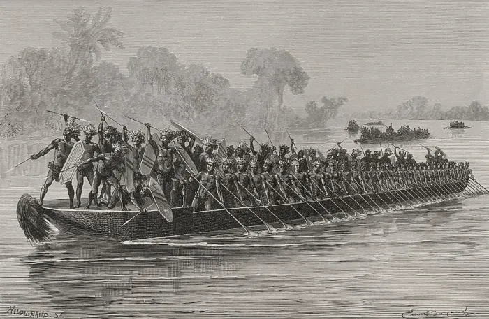 Framed Print : Warriors in a canoe navigating the Aruwimi River Framed Print : Warriors in a canoe navigating the Aruwimi River