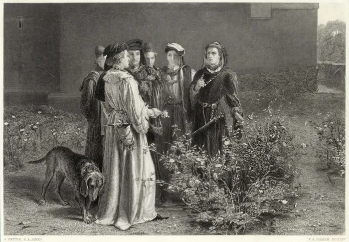 Framed Print : Wars of the roses: nobles picking roses to show allegiances Framed Print : Wars of the roses: nobles picking roses to show allegiances
