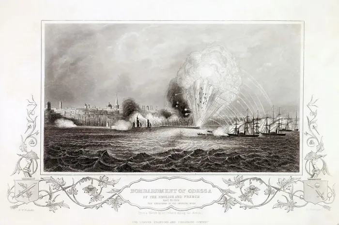 Framed Print : Warships of the French and British navies bombard the Russian port of Odessa : the Imperial Mole blows up spectacularly Date: 22 April 1854 Framed Print : Warships of the French and British navies bombard the Russian port of Odessa : the Imperial Mole blows up spectacularly Date: 22 April 1854
