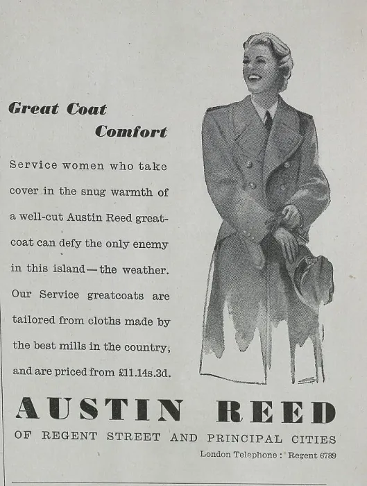 Framed Print : Wartime advert for Austin Reed, promoting their women's greatcoats. Date: 1943 Framed Print : Wartime advert for Austin Reed, promoting their women's greatcoats. Date: 1943