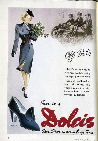 Wartime advert for Dolcis shoes, featuring a festive sprig of holly. Date: 1943