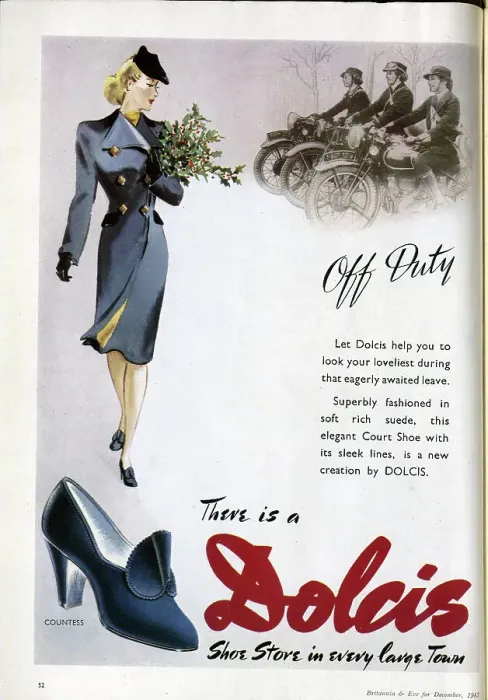 Framed Print : Wartime advert for Dolcis shoes, featuring a festive sprig of holly. Date: 1943 Framed Print : Wartime advert for Dolcis shoes, featuring a festive sprig of holly. Date: 1943