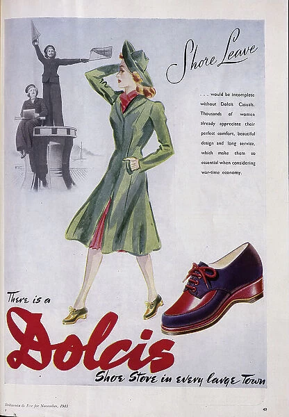Wartime advert for Dolcis shoes, featuring an image of women serving in the Women's Royal Naval Service. Date: 1943