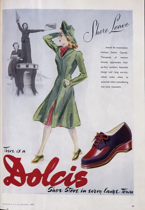 Framed Print : Wartime advert for Dolcis shoes, featuring an image of women serving in the Women's Royal Naval Service. Date: 1943