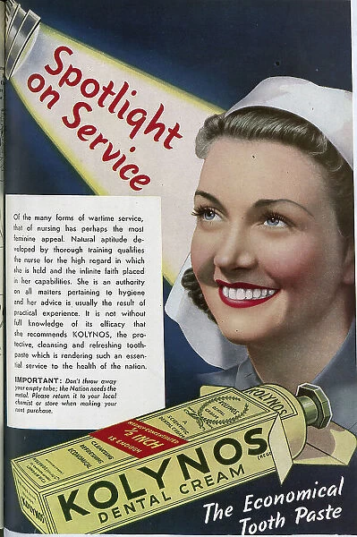 Wartime advert for Kolynos Toothpaste, employing the imagery of a nurse to vouch for its efficacy. Date: 1943