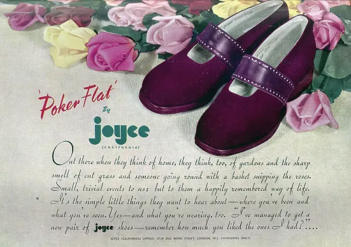 Framed Print : Wartime advert for the Poker Flat range from Joyce Shoes. Date: 1943 Framed Print : Wartime advert for the Poker Flat range from Joyce Shoes. Date: 1943