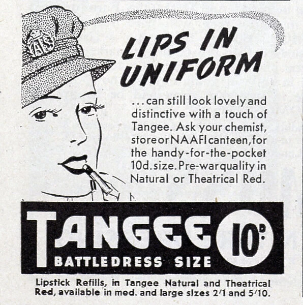 Wartime advert for Tangee Lipstick. Date: 1943