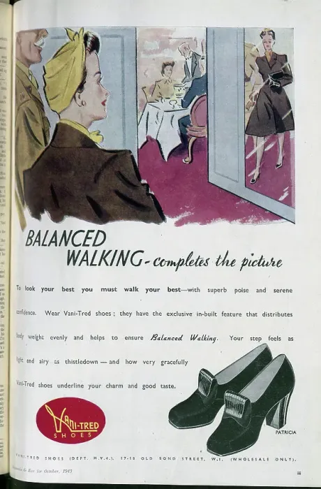 Framed Print : Wartime advert for Vani-Tred shoes, designed to ensure superb poise. Date: 1943 Framed Print : Wartime advert for Vani-Tred shoes, designed to ensure superb poise. Date: 1943