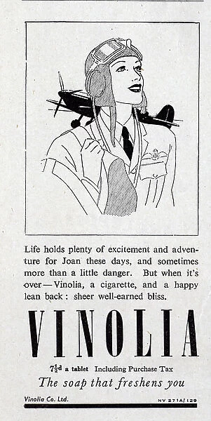 Wartime advert for Vinolia Soap, featuring an image a member of the Women's Auxiliary Air Force. Date: 1943