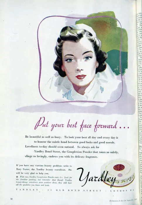 Framed Print : Wartime advert for Yardley Complexion Powder, featuring the face of a nurse. Date: 1943 Framed Print : Wartime advert for Yardley Complexion Powder, featuring the face of a nurse. Date: 1943