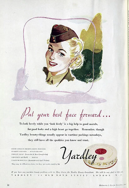 Wartime advert for Yardley Cosmetics, featuring the face of a woman in Auxiliary Territorial Service uniform. Date: 1943