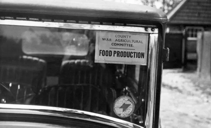 Framed Print : Wartime Food Production sticker in car windscreen, Churt Framed Print : Wartime Food Production sticker in car windscreen, Churt
