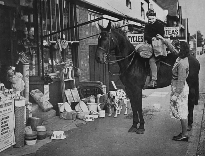 Framed Print : Wartime shopping on horseback, 1939 Framed Print : Wartime shopping on horseback, 1939