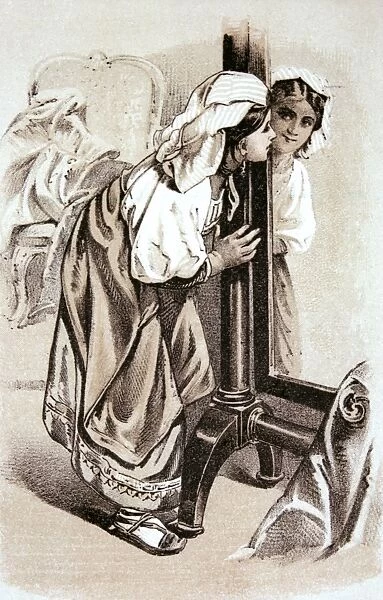 A washer woman or maid, looking at her reflection in a mirro