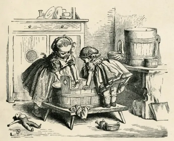 Framed Print : Washing dolls clothes in a tub Framed Print : Washing dolls clothes in a tub