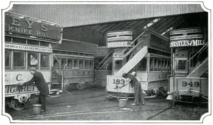 Framed Print : Washing L. C. C. tramcars 1900 Framed Print : Washing L. C. C. tramcars 1900