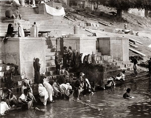 Washing in the river Ganges, Benares, (Varanasi) India circa