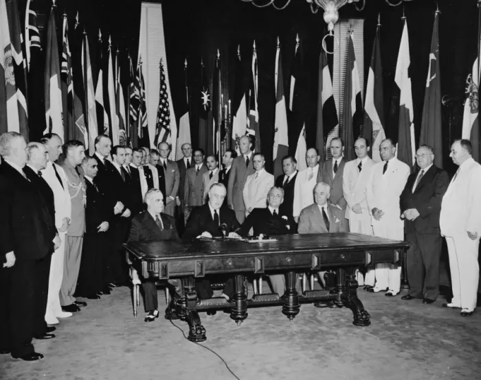 Framed Print : Washington, DC Representatives of 26 United Nations at Flag Framed Print : Washington, DC Representatives of 26 United Nations at Flag