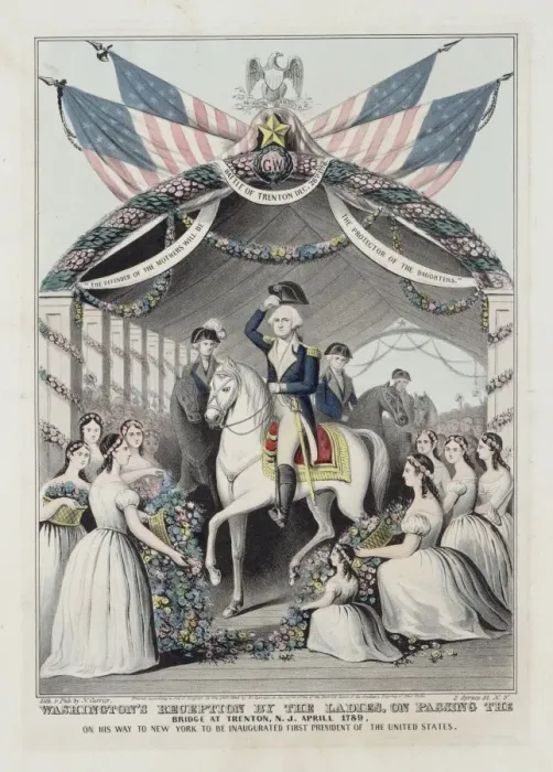Framed Print : Washingtons reception by the ladies, on passing the bridge Framed Print : Washingtons reception by the ladies, on passing the bridge