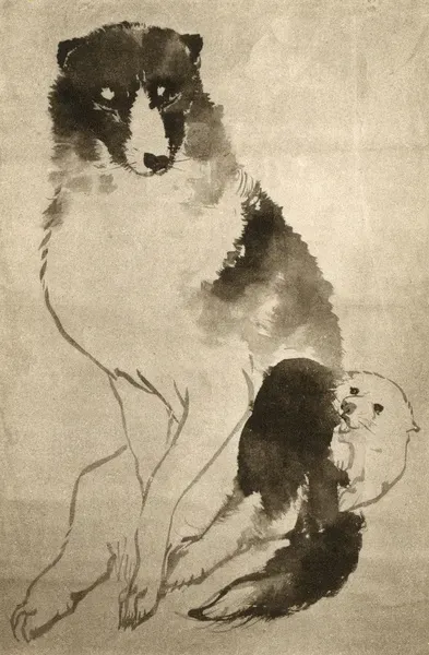 Late 18th Century Japanese Woodblock Print of Dog and Puppy. Art