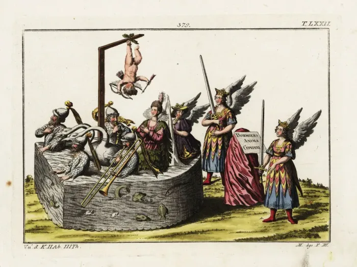 Framed Print : Water-carriage with figure of Cupid hanging by one leg Framed Print : Water-carriage with figure of Cupid hanging by one leg