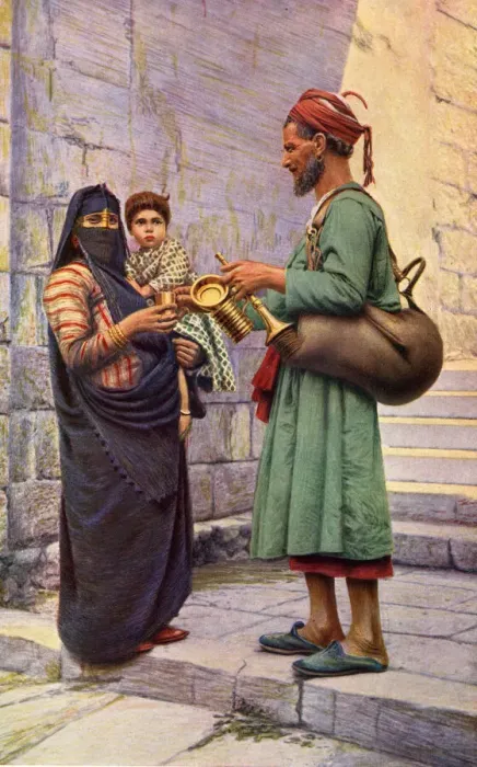 Framed Print : Water carrier handing a drink to a woman, Cairo, Egypt Framed Print : Water carrier handing a drink to a woman, Cairo, Egypt