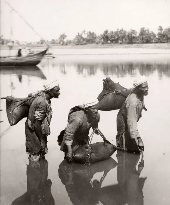 Framed Print : Water carriers filling bags in the River Nile, Egypt, c. 1880 s Framed Print : Water carriers filling bags in the River Nile, Egypt, c. 1880 s