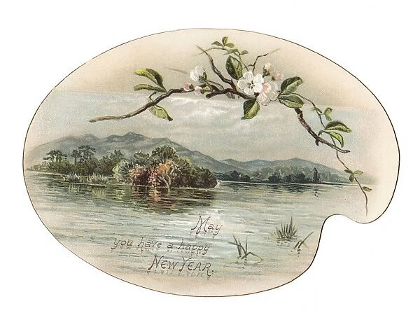 Water and hills on a palette-shaped New Year card