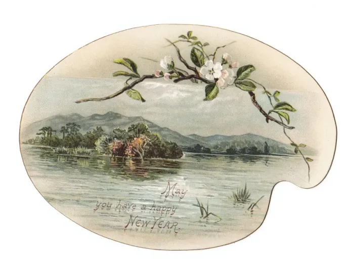 Framed Print : Water and hills on a palette-shaped New Year card