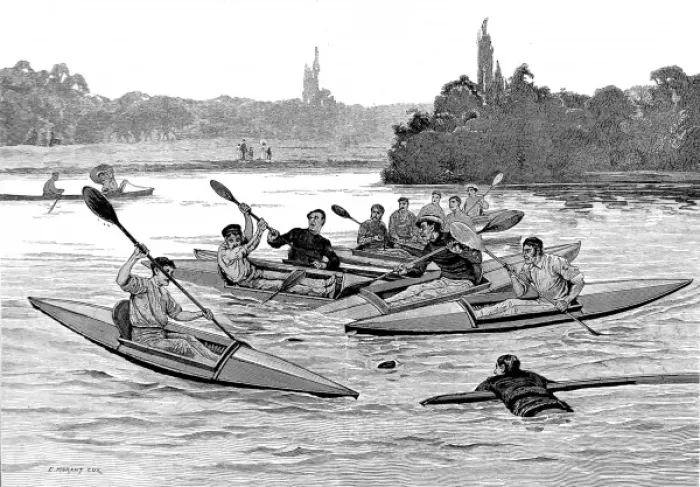 Framed Print : Water Polo in Kayaks, London, 1883 Framed Print : Water Polo in Kayaks, London, 1883