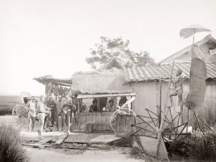 Framed Print : Water wheel irrigation, roadside food stall, Japan, c. 1870 s Framed Print : Water wheel irrigation, roadside food stall, Japan, c. 1870 s