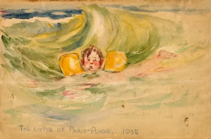 Framed Print : Watercolour by Alan Fraser titled The Cupid of Paris-Plage Framed Print : Watercolour by Alan Fraser titled The Cupid of Paris-Plage