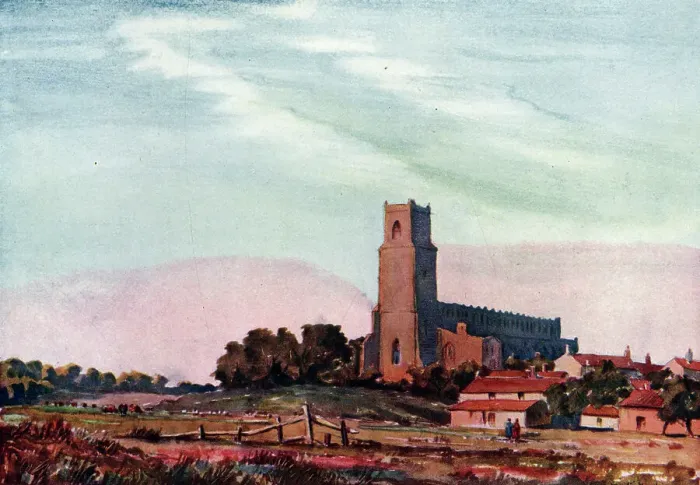 Framed Print : Watercolour landscape painting showing a village of red-roofed houses on a relatively flat countryside landscape, being overlooked by the main focal point, a large church. Date: circa 1930 Framed Print : Watercolour landscape painting showing a village of red-roofed houses on a relatively flat countryside landscape, being overlooked by the main focal point, a large church. Date: circa 1930