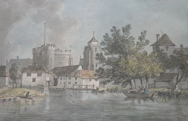 Watercolour painting of castle and water mill