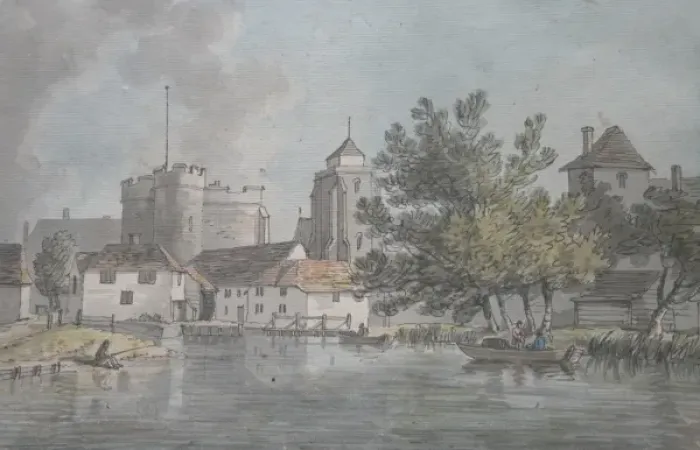 Framed Print : Watercolour painting of castle and water mill Framed Print : Watercolour painting of castle and water mill