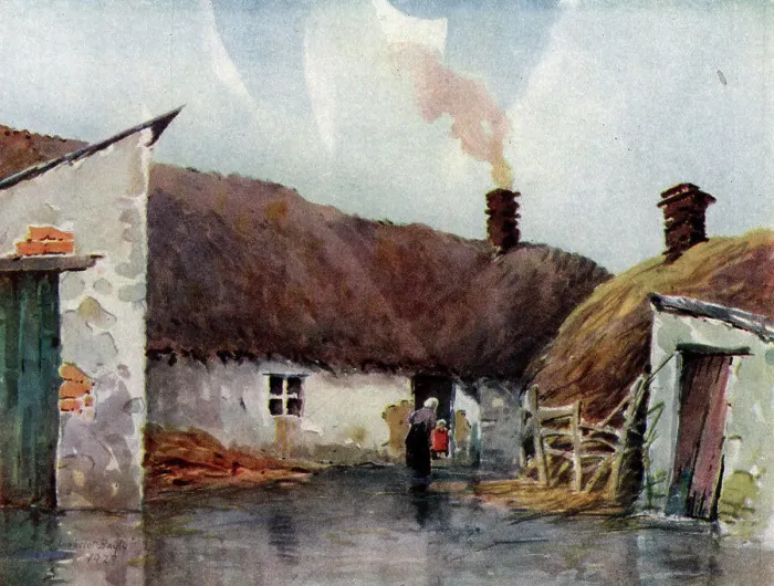 Framed Print : Watercolour painting of an old country cabin in Ireland, by the door there stands two childred and a woman. Date: circa 1930 Framed Print : Watercolour painting of an old country cabin in Ireland, by the door there stands two childred and a woman. Date: circa 1930