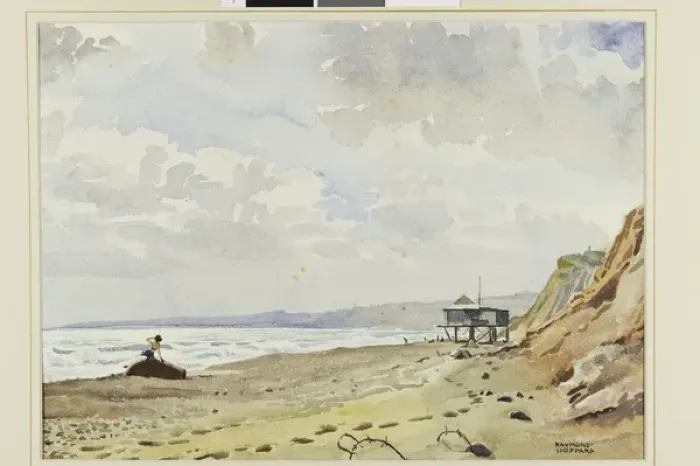 Framed Print : Watercolour scene with beach and observation post Framed Print : Watercolour scene with beach and observation post