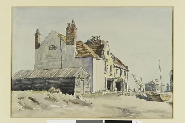 Watercolour sketch with buildings and boat