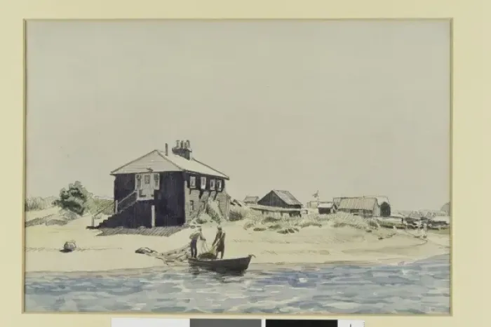 Framed Print : Watercolour sketch with fishermen, boat and net Framed Print : Watercolour sketch with fishermen, boat and net