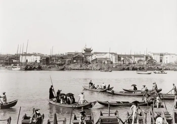 Framed Print : Waterfront scene with boats, China c. 1900 Framed Print : Waterfront scene with boats, China c. 1900