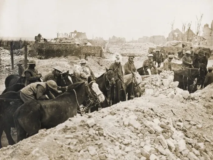 Framed Print : Watering point in ruined village, Western Front, WW1 Framed Print : Watering point in ruined village, Western Front, WW1