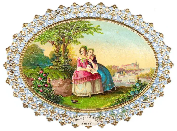 Framed Print : Waterside summer scene on a Christmas paper lace card Framed Print : Waterside summer scene on a Christmas paper lace card