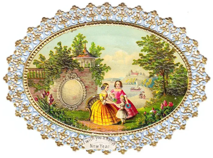 Framed Print : Waterside summer scene on a New Year paper lace card Framed Print : Waterside summer scene on a New Year paper lace card
