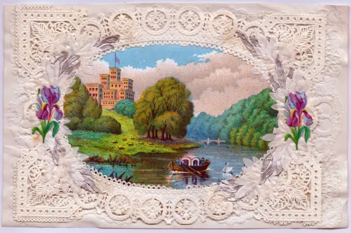 Framed Print : Waterside summer scene on a paper lace greetings card Framed Print : Waterside summer scene on a paper lace greetings card
