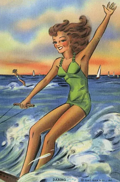 Framed Print : Waterskiing beauty waving Framed Print : Waterskiing beauty waving