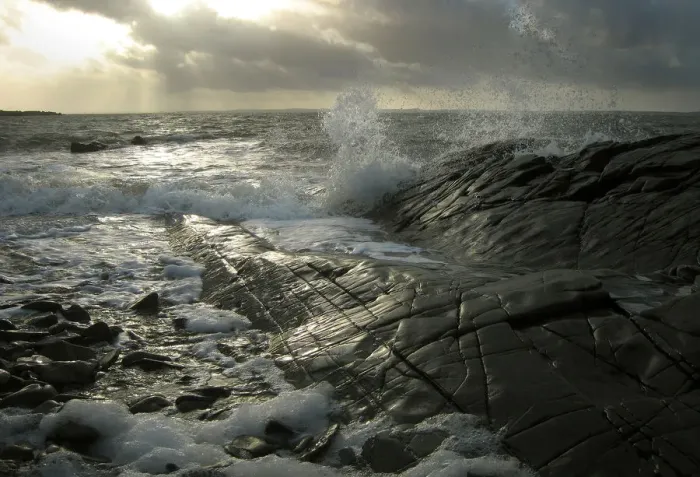 Framed Print : Waves splash against the shining black rocks at Knockbrex Framed Print : Waves splash against the shining black rocks at Knockbrex