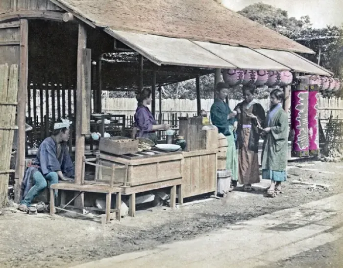 Framed Print : Wayside food stall, Japan, circa 1870s Framed Print : Wayside food stall, Japan, circa 1870s