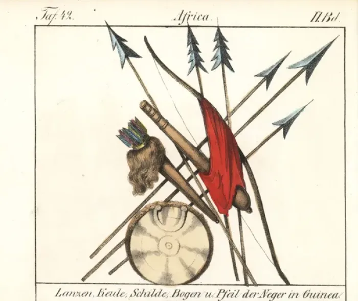 Framed Print : Weapons of Guinea, Africa: lances, shield Framed Print : Weapons of Guinea, Africa: lances, shield