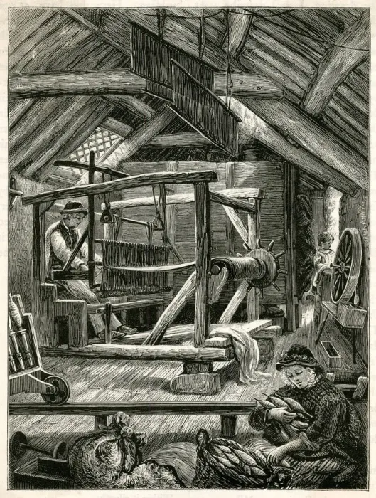 Framed Print : WEAVING WOOL, WALES